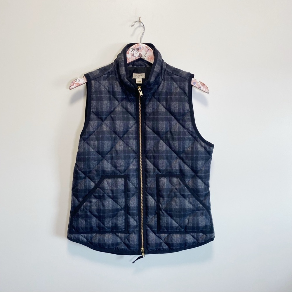 J. CREW Plaid Feather Down Excursion Quilted Puffer Vest Gray Black Small S